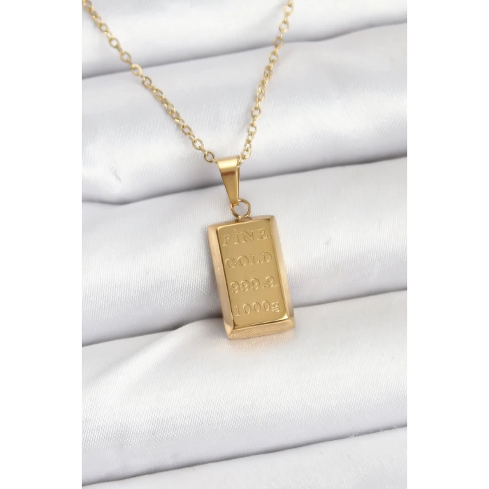 316L Çelik Zincir Gold Renk Külçe Altın Model Kadın Kolye