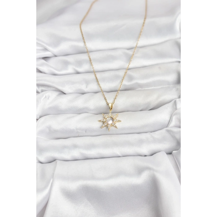 316L Çelik Zincir Gold Renk Kutup Yıldızı Model Zirkon Taşlı Kadın Kolye