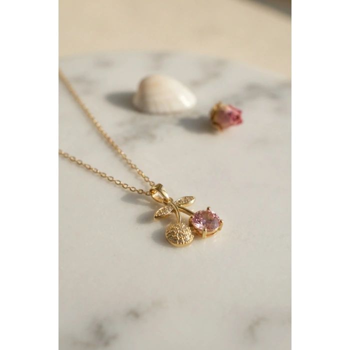 316L Çelik Zincir Gold Renk Pembe Kiraz Model Kolye