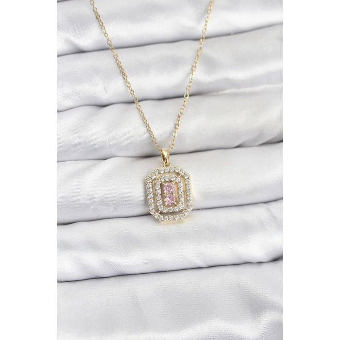 316L Çelik Zincir Gold Renk Plaka Model Zirkon Taşlı Kadın Kolye