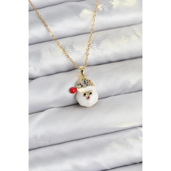 316L Çelik Zincir Gold Renk Şapkalı Kardan Adam Kafası Model Yılbaşı Temalı Kadın Kolye