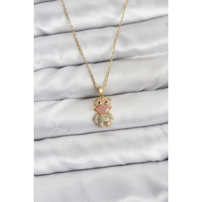 316L Çelik Zincir Gold Renk Teddy Bear Model Zirkon Taşlı Kadın Kolye