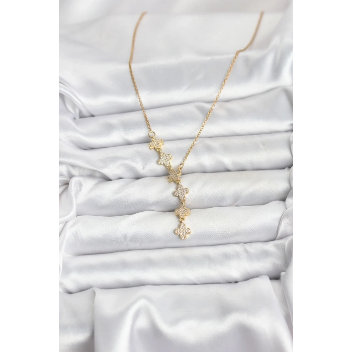 316L Çelik Zincir Gold Renk Yonca Model Kadın Kolye