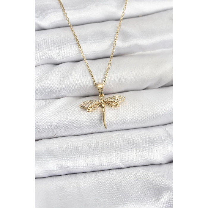 316L Çelik Zincir Gold Renk Yusufçuk Model Zirkon Taşlı Kadın Kolye