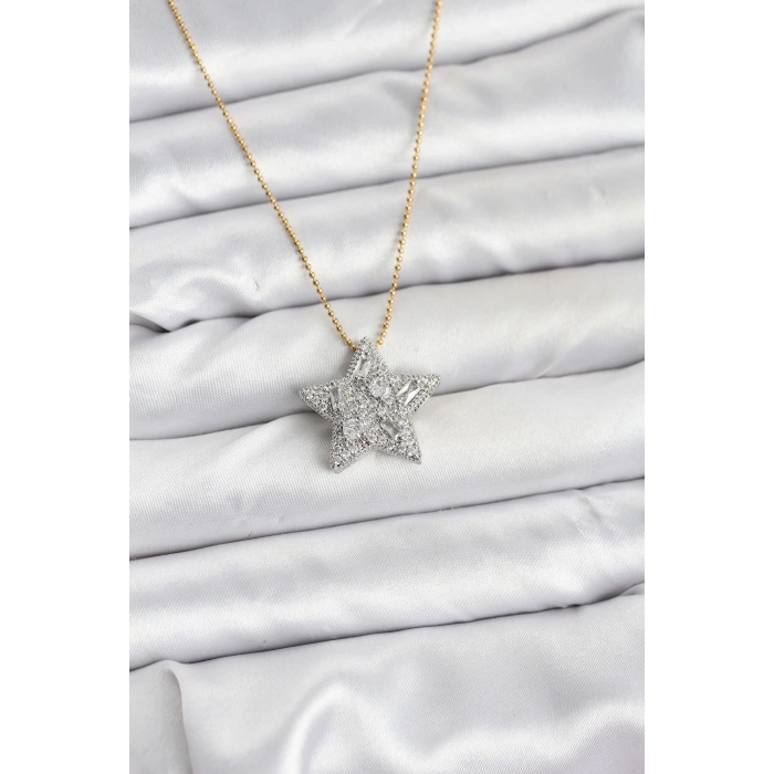 316L Çelik Zincir Gold Renk Zincirli Gümüş Yıldız Model Kadın Kolye