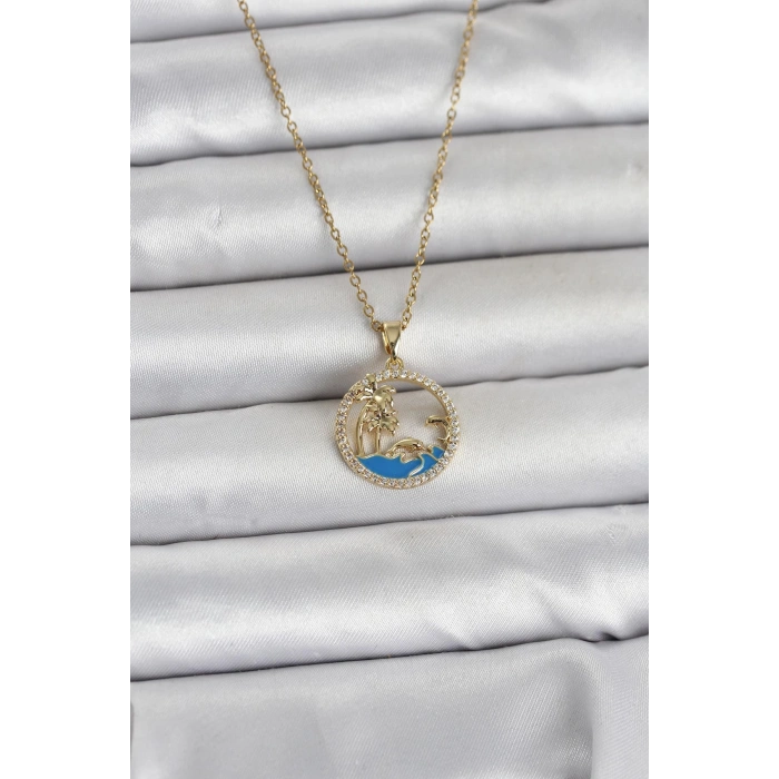 316L Çelik Zincir Gold Renk Zirkon Taşlı Deniz Temalı Kadın Kolye