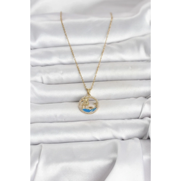 316L Çelik Zincir Gold Renk Zirkon Taşlı Deniz Temalı Kadın Kolye
