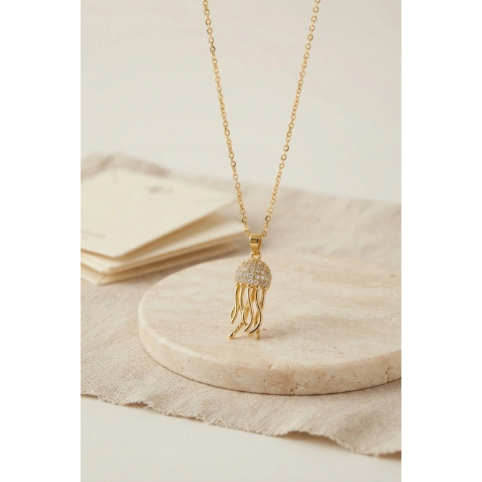 316L Çelik Zincir Gold Renk Zirkon Taşlı Jellyfish Model Kolye