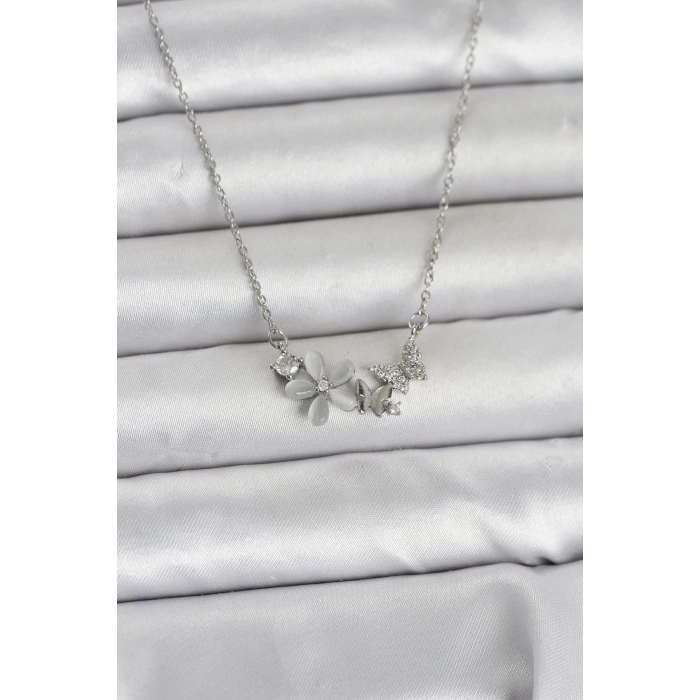 316L Çelik Zincir Gümüş Renk Çiçek ve Kelebek Model Kadın Kolye