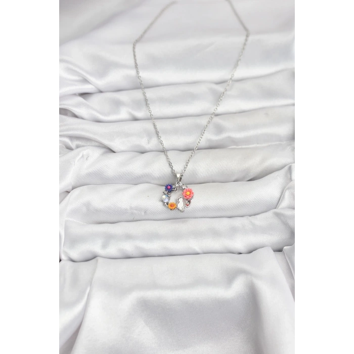 316L Çelik Zincir Gümüş Renk Çiçekli Kedili Model Kadın Kolye