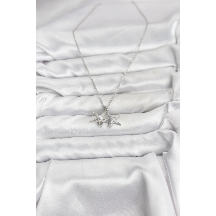 316L Çelik Zincir Gümüş Renk Deniz Yıldızı Model Zirkon Taşlı Kadın Kolye