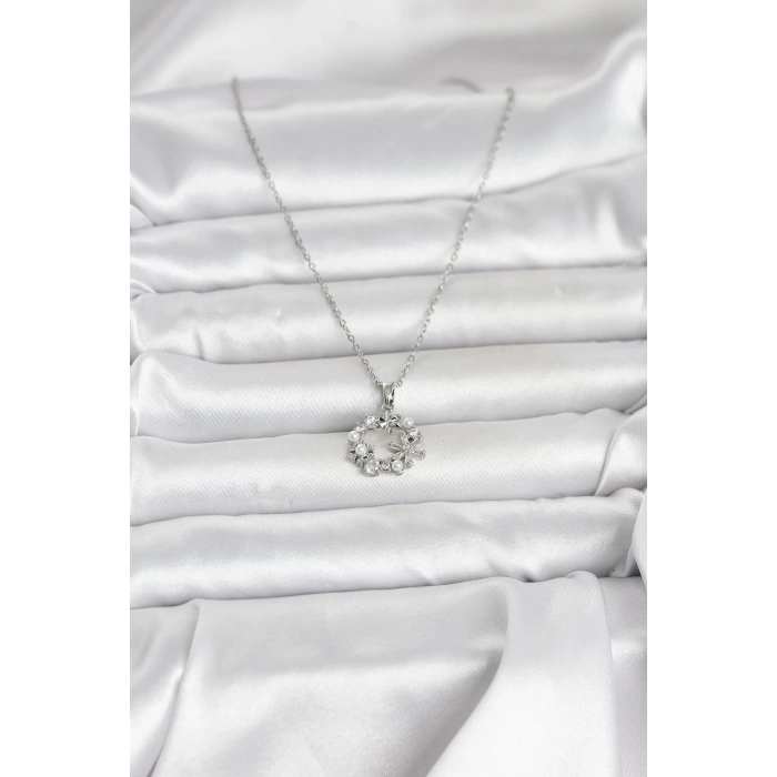 316L Çelik Zincir Gümüş Renk İncili Çiçek Model Kadın Koyle