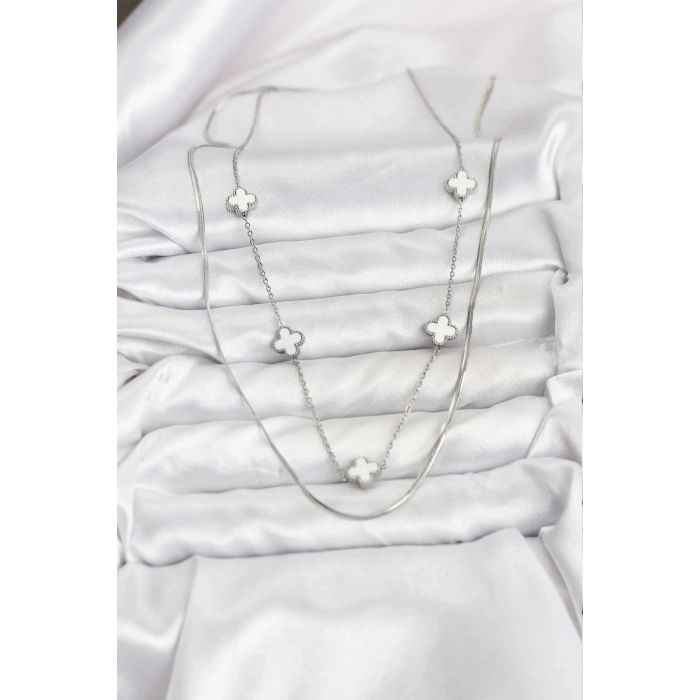 316L Çelik Zincir Gümüş Renk İtalyan Zincirli Yonca Model Kadın Kolye