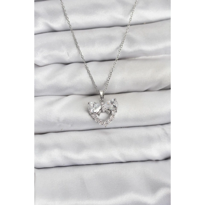 316L Çelik Zincir Gümüş Renk Kalp ve Fiyonk Model Zirkon Taşlı Kadın Kolye