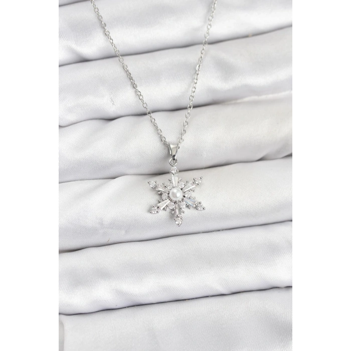 316L Çelik Zincir Gümüş Renk Kar Tanesi Model Zirkon Taşlı Kadın Kolye