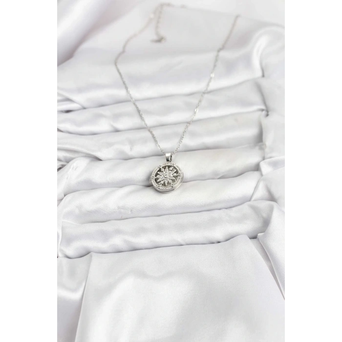 316L Çelik Zincir Gümüş Renk Kutup Yıldızı Kapaklı Model Kadın Kolye