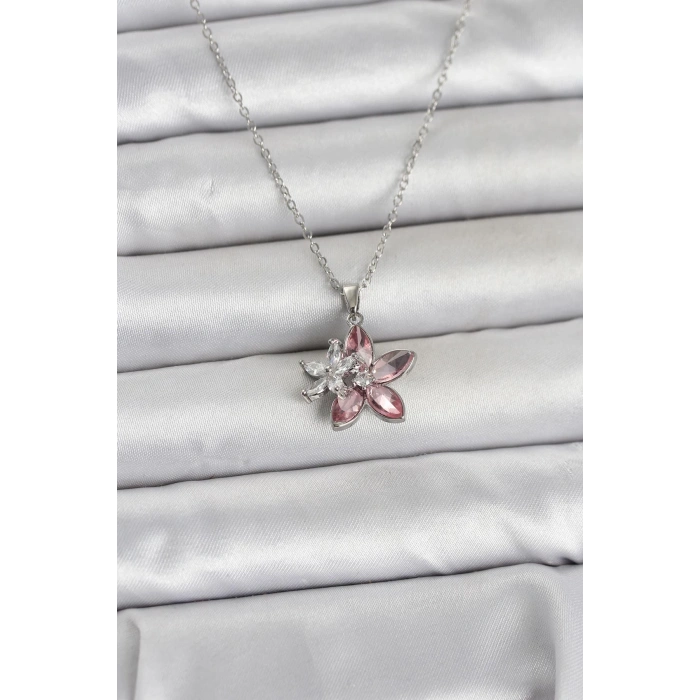 316L Çelik Zincir Gümüş Renk Pembe Lotus Model Kadın Kolye
