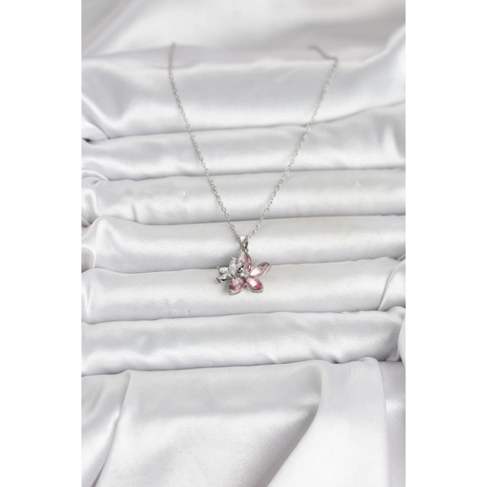 316L Çelik Zincir Gümüş Renk Pembe Lotus Model Kadın Kolye