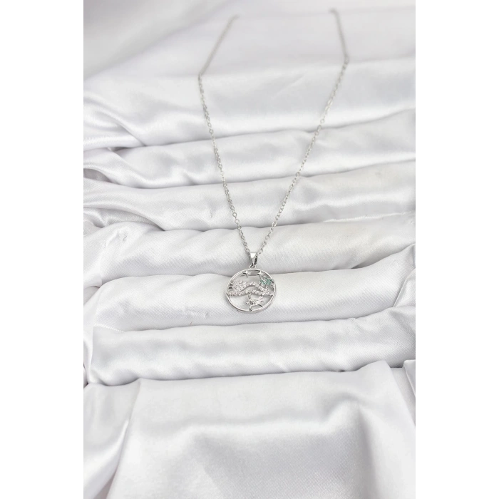 316L Çelik Zincir Gümüş Renk Şans Kolyesi Model Zirkon Taşlı Kadın Kolye