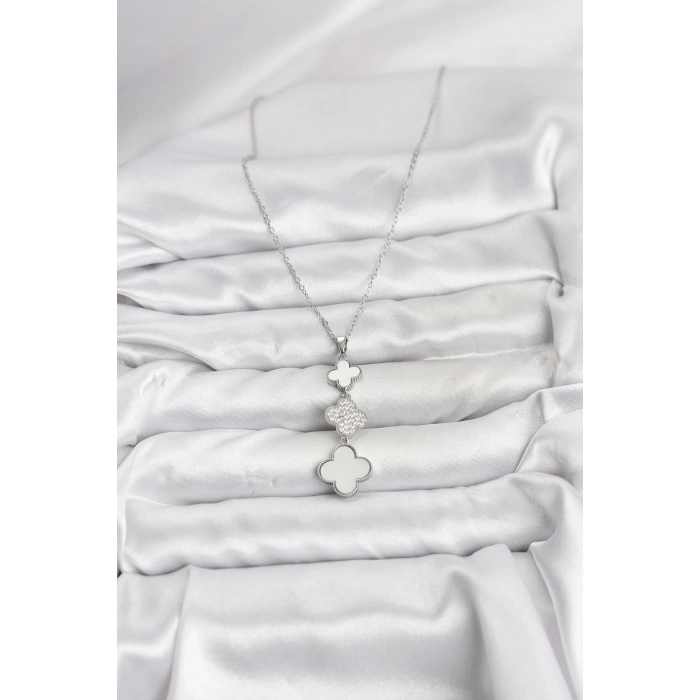 316L Çelik Zincir Gümüş Renk Yonca Detaylı Zirkon Taşlı Kadın Kolye