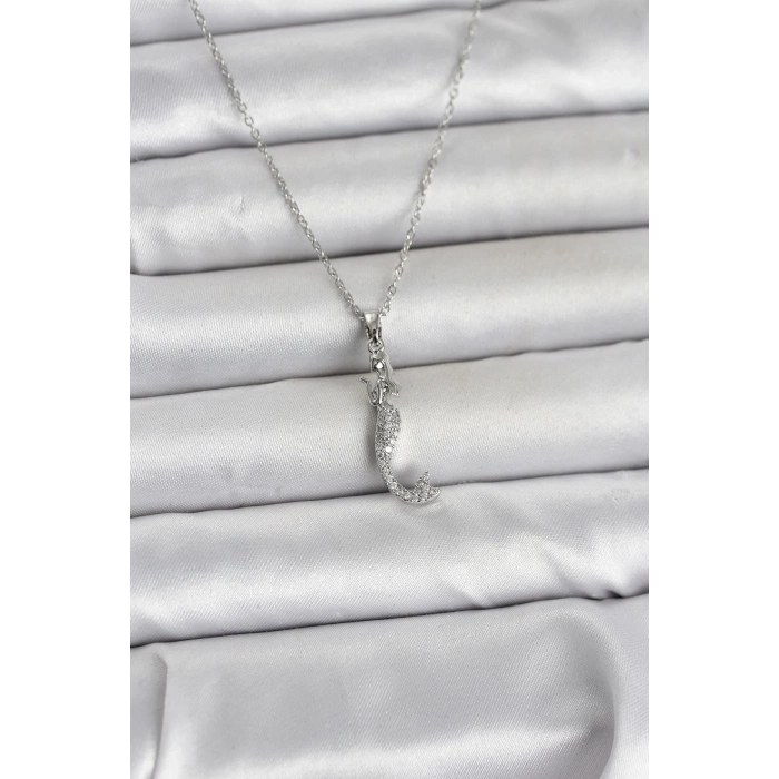 316L Çelik Zincir Gümüş Renk Zirkon Taşlı Deniz Kızı Model Kadın Kolye