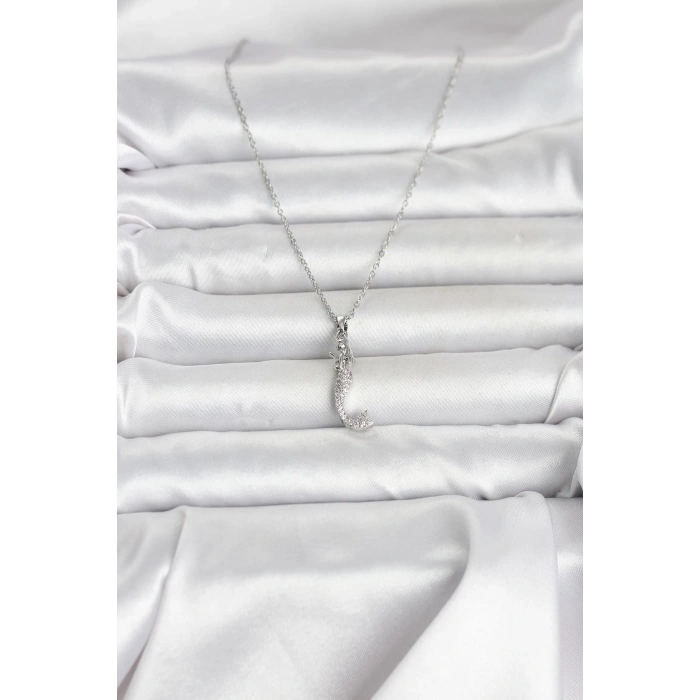 316L Çelik Zincir Gümüş Renk Zirkon Taşlı Deniz Kızı Model Kadın Kolye