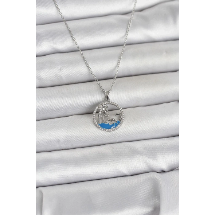316L Çelik Zincir Gümüş Renk Zirkon Taşlı Deniz Temalı Kadın Kolye