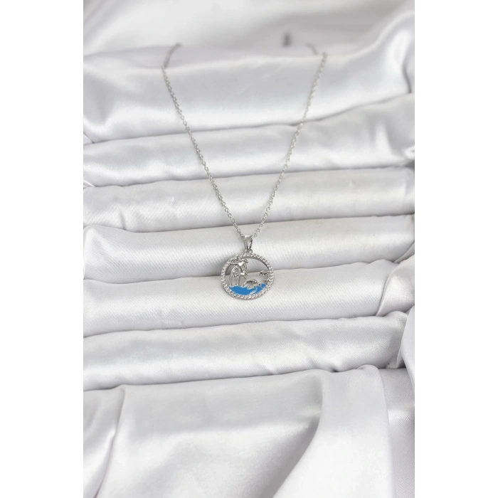 316L Çelik Zincir Gümüş Renk Zirkon Taşlı Deniz Temalı Kadın Kolye