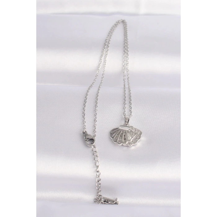 316L Çelik Zincir Gümüş Renk Zirkon Taşlı İnci Detay İstiridye Kolye