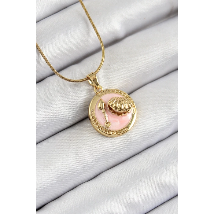 316L Çelik Zincir Pembe Mineli Sanatsal Portre İstiridye Model Gold Renk Kadın Kolye