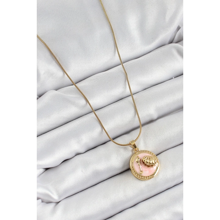 316L Çelik Zincir Pembe Mineli Sanatsal Portre İstiridye Model Gold Renk Kadın Kolye