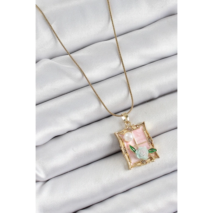 316L Çelik Zincir Pembe Sanatsal Portre İnci Detaylı Gül Figürlü Model Gold Renk Kadın Kolye