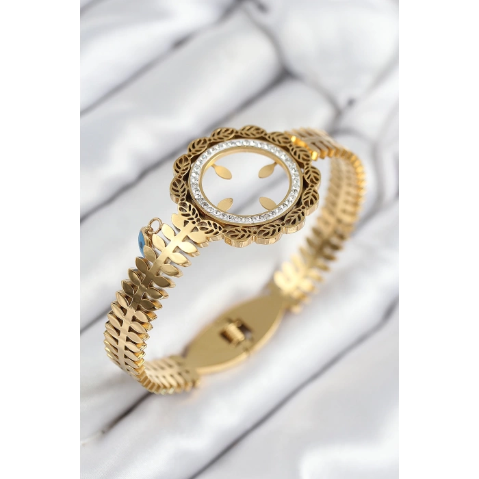 316L Çelik Zirkon Taşlı Çeyrek Takılabilir Gold Renk Kelepçe