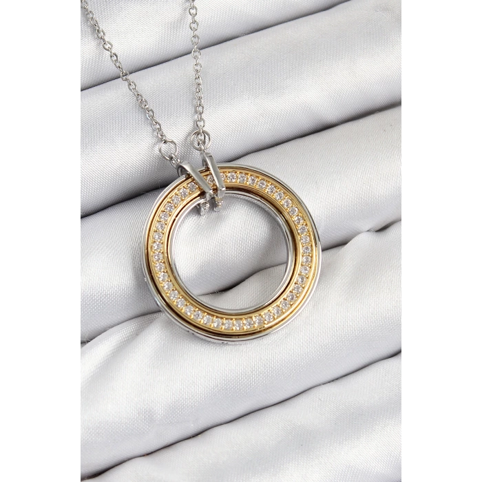 316L Çelik Zirkon Taşlı Dönen Daire Model Gold Ve Gümüş Renk Kadın Kolye