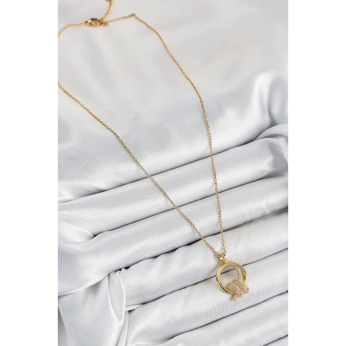 316L Çelik Zirkon Taşlı Düğüm Model Gold Renk Kadın Kolye