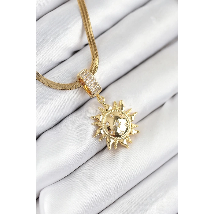 316L Çelik Zirkon Taşlı Güneş Model Gold Renk Kadın Kolye
