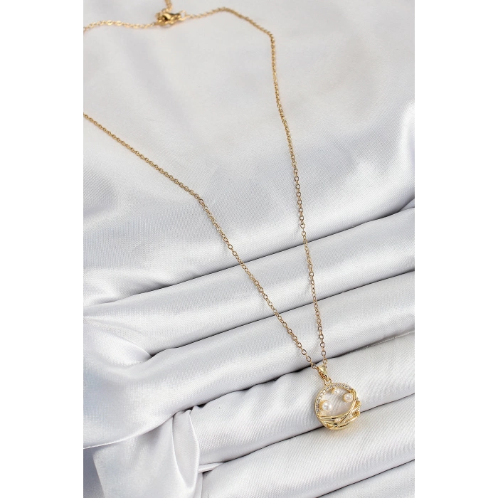 316L Çelik Zirkon Taşlı İnci Detaylı Halka Model Gold Renk Kadın Kolye