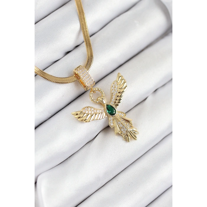 316L Çelik Zirkon Taşlı Melek Model Gold Renk Kadın Kolye