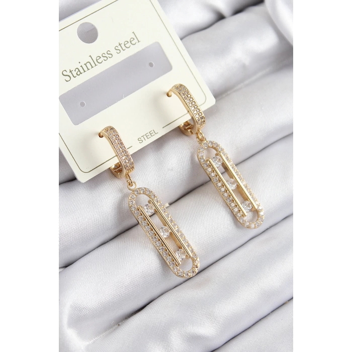 316L Çelik Zirkon Taşlı Sallantılı Messika Model Gold Renk Kadın Küpe