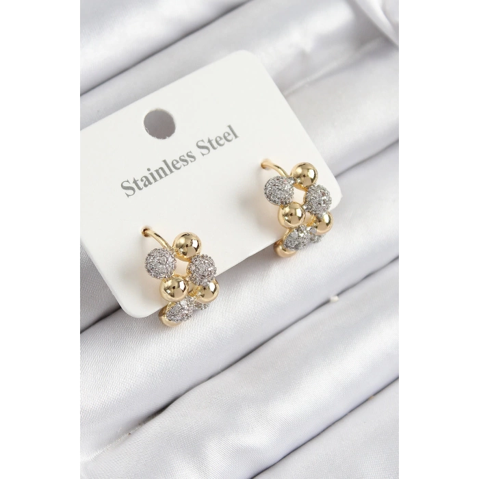 316L Çelik Zirkon Taşlı Topçuk Halka Model Gold Ve Gümüş Renk Kadın Küpe
