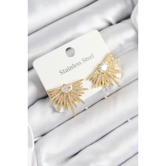 316L Çelik Zirkon Taşlı Yelpaze Model Gold Renk Kadın Küpe