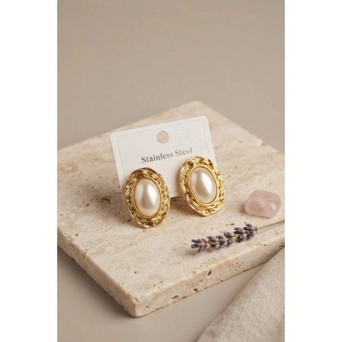 316L Gold Renk Gold Renk Vintage Beyaz İncili Model Küpe