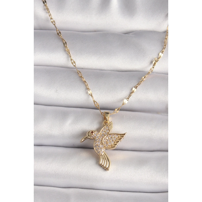 316L Gold Renk Zirkon Taşlı Sinek Kuşu Model Kadın Kolye