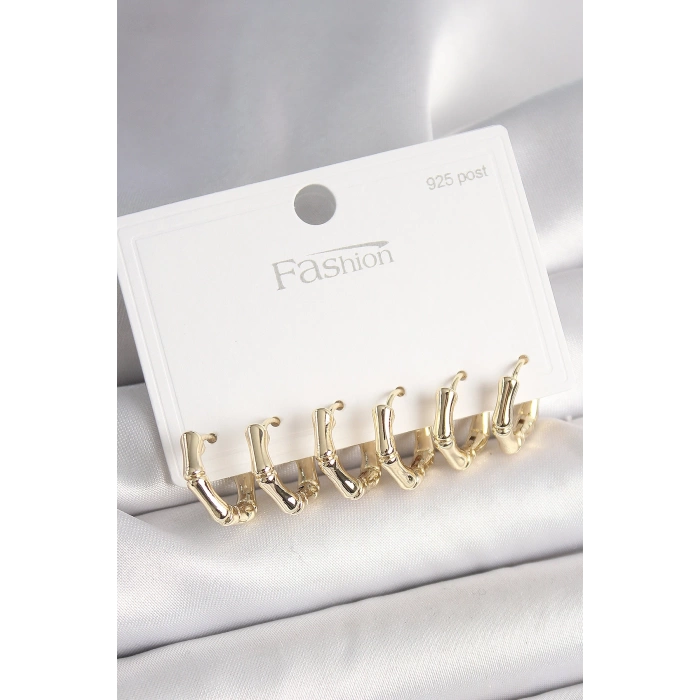 925 Ayar Gümüş Çivi Pirinç Gold Renk Bambu Halka Model Kadın Küpe Seti