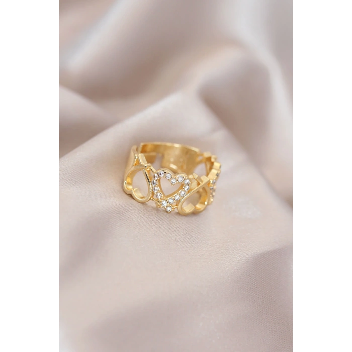 Ayarlamalı Gold Renk Metal Zirkon Taşlı Kalp Model Yüzük