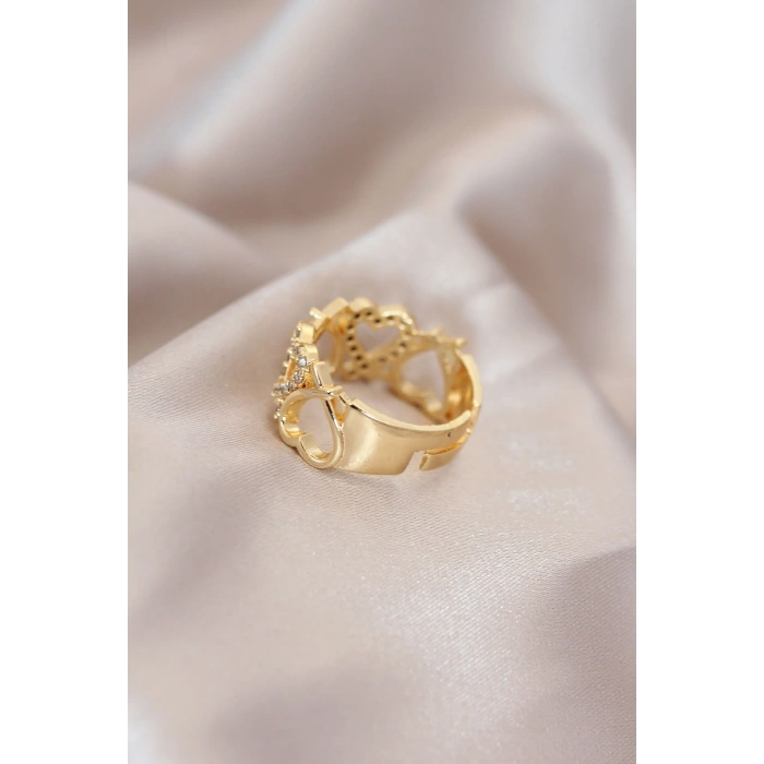 Ayarlamalı Gold Renk Metal Zirkon Taşlı Kalp Model Yüzük