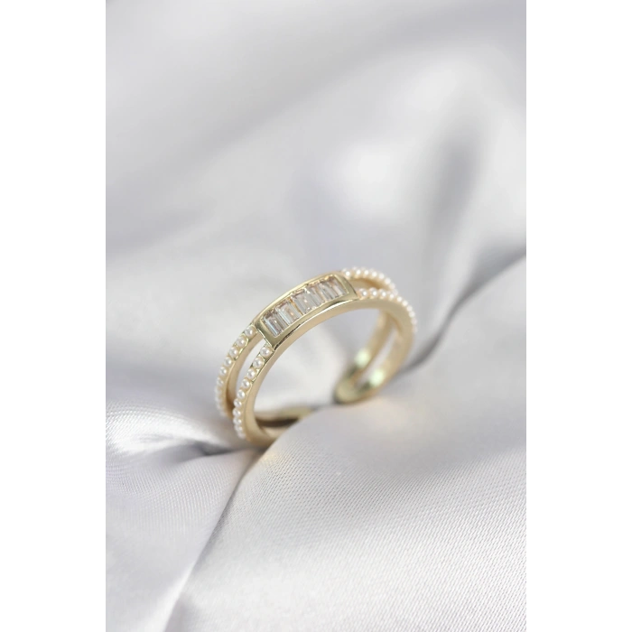 Baget Zirkon Taşlı Gold Renk İncili Kadın Yüzük