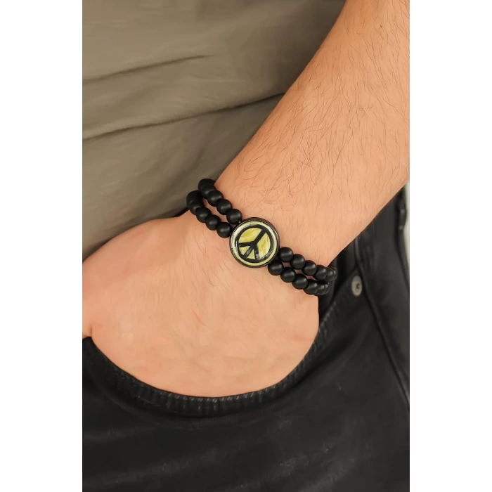 Barış Figürlü Siyah Metal Aksesuarlı Siyah Oniks Doğal Taş Erkek Bileklik