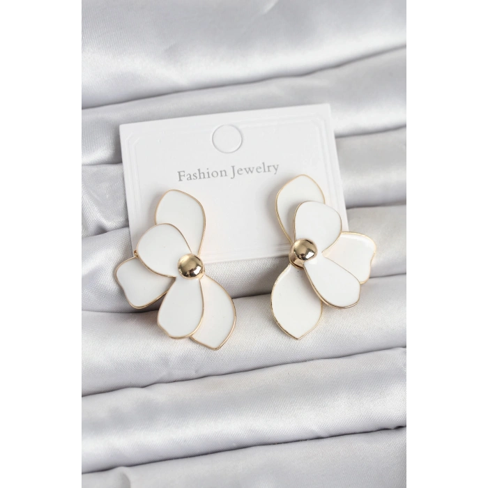 Beyaz Mineli Lotus Model Pirinç Kadın Küpe