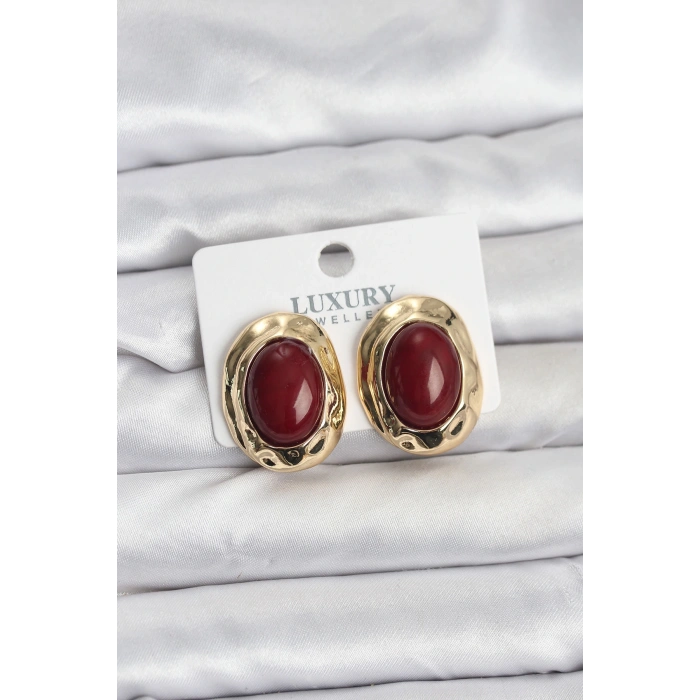 Bordo Renk Oval Vintage Pirinç Kadın Küpe